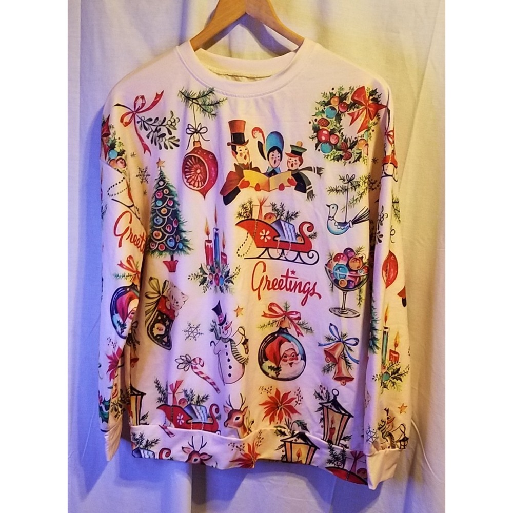 Women's Christmas Retro Old Fashion Vintage Scenes Print Casual Sweatshirt Sz M‎